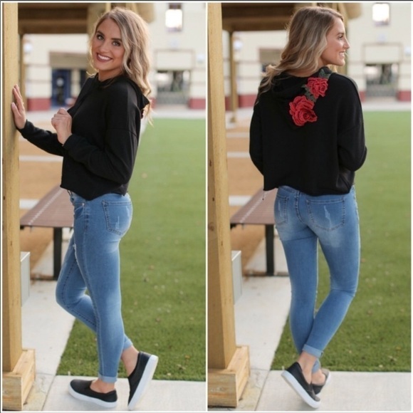 Black French Terry Cropped Floral Patched Hoodie - Picture 3 of 4